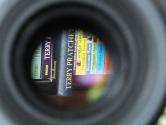 Cropped image of the one above showing books, upside down inside the lens!